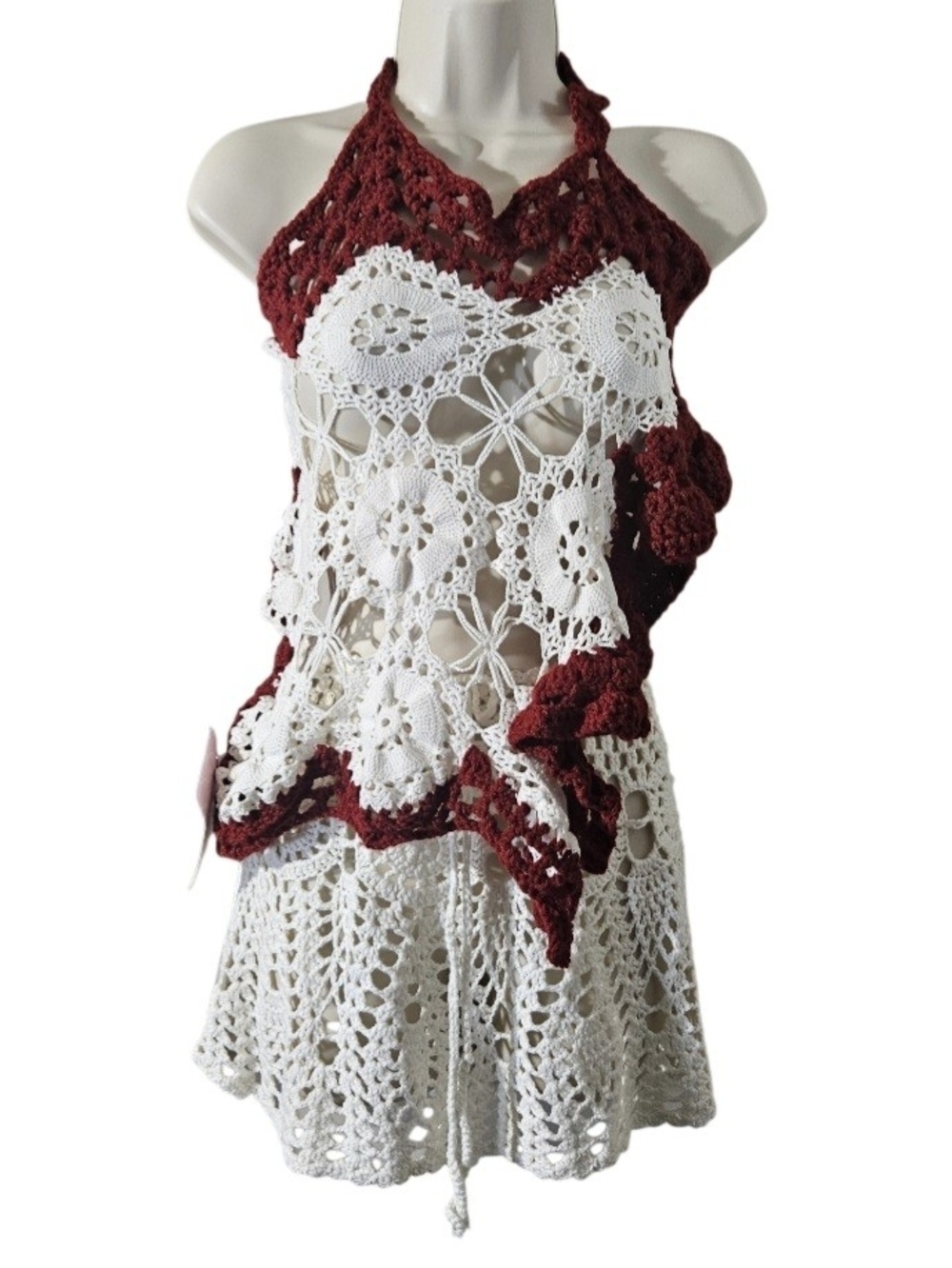 Hand Crafted White Burgundy Crochet Swim Coverup 2 Piece Set - Picture 8 of 17